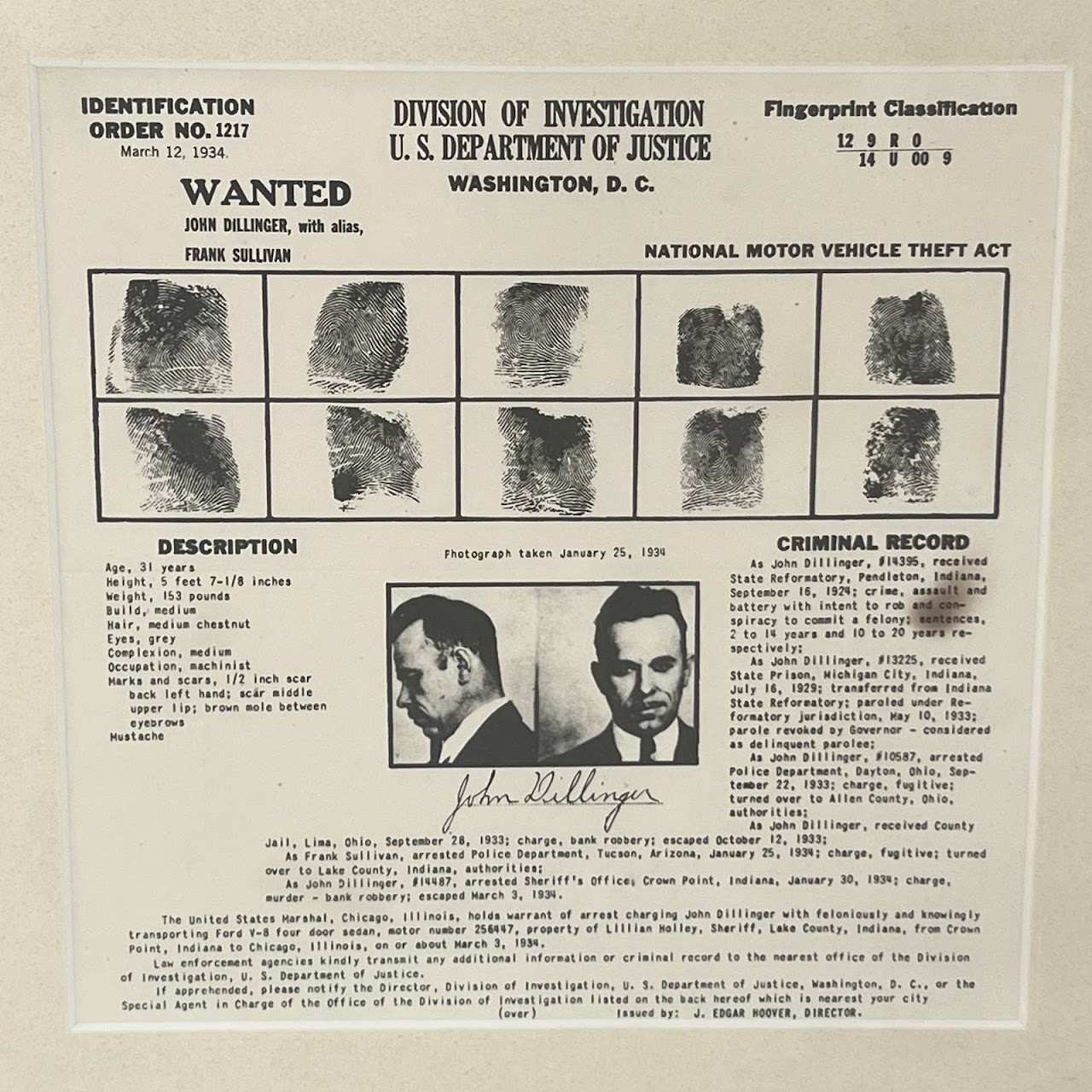 John Dillinger Original 1934 FBI Wanted Poster