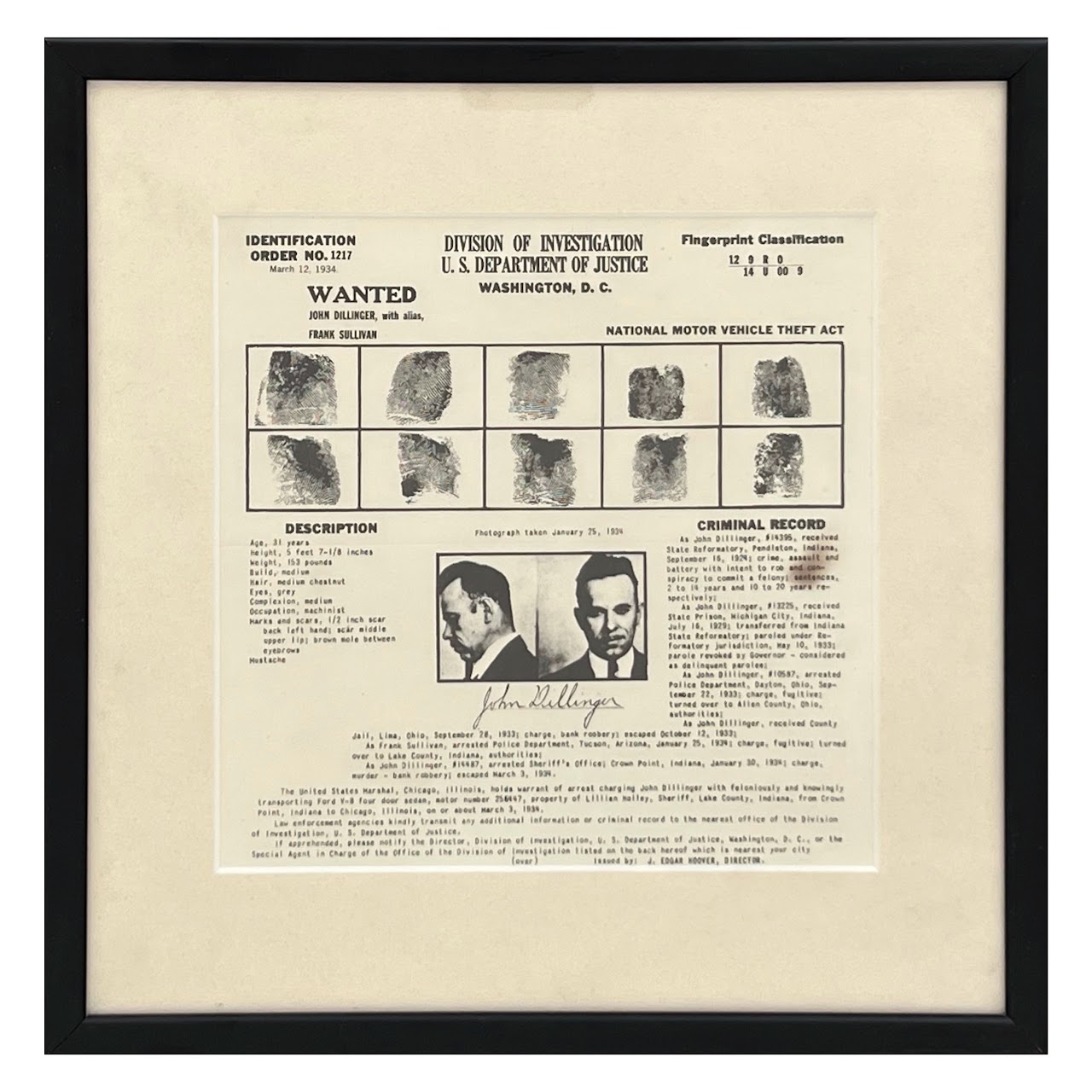 John Dillinger Original 1934 FBI Wanted Poster