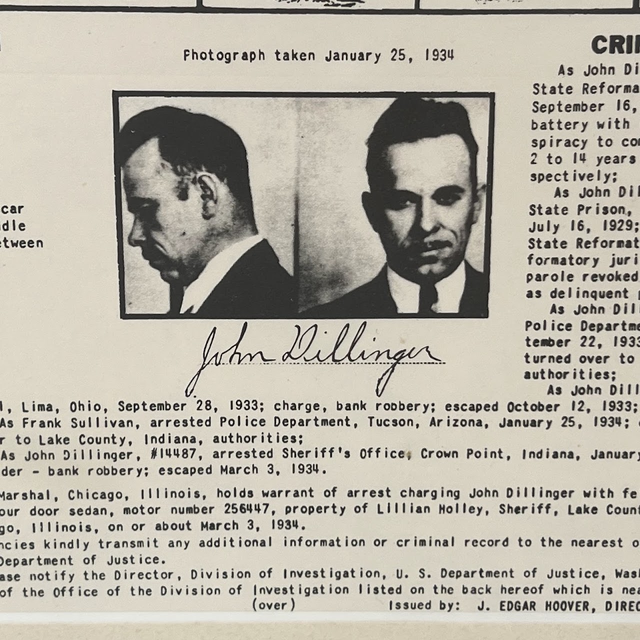 John Dillinger Original 1934 FBI Wanted Poster