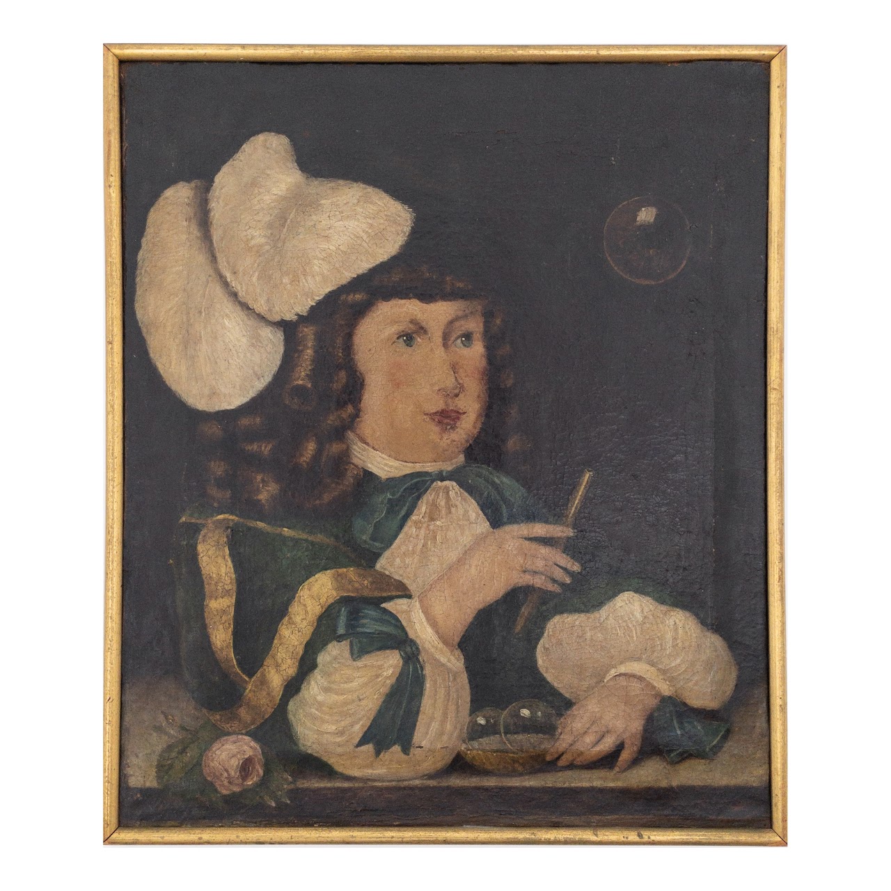 Baroque Style Antique Oil Portrait Painting of Child Blowing Bubbles