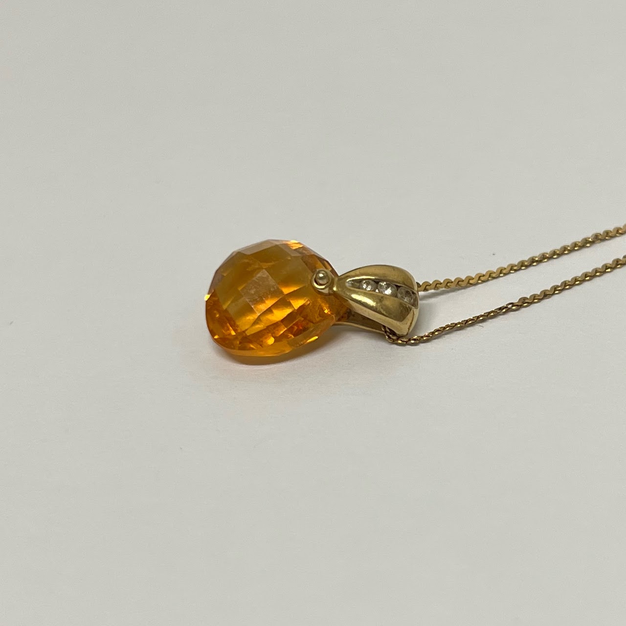 14K Gold, Orange Stone & Diamond Pendant Necklace