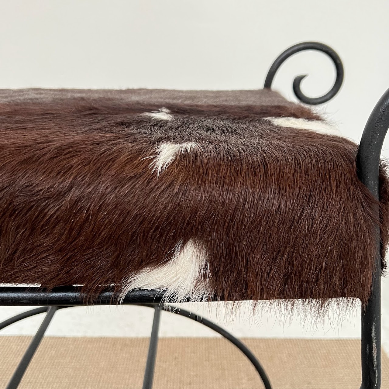 Wrought Iron & Brown Cowhide Upholstered Bench