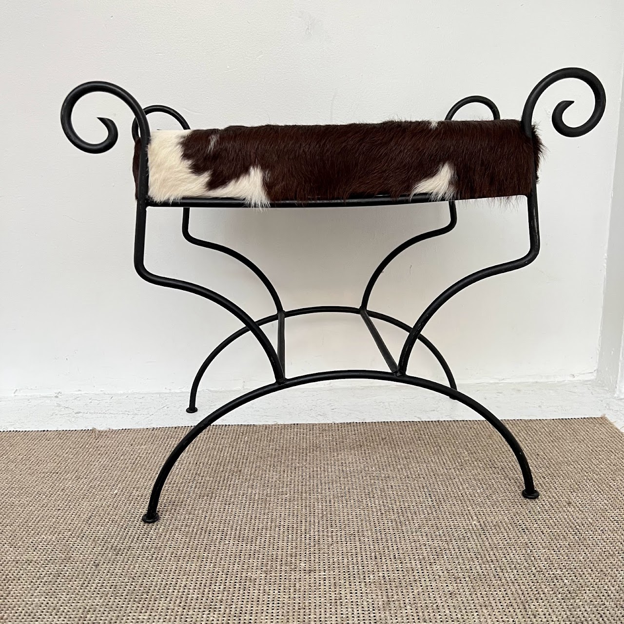 Wrought Iron & Brown Cowhide Upholstered Bench