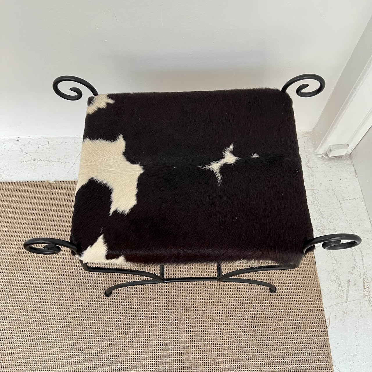 Wrought Iron & Black Cowhide Upholstered Bench