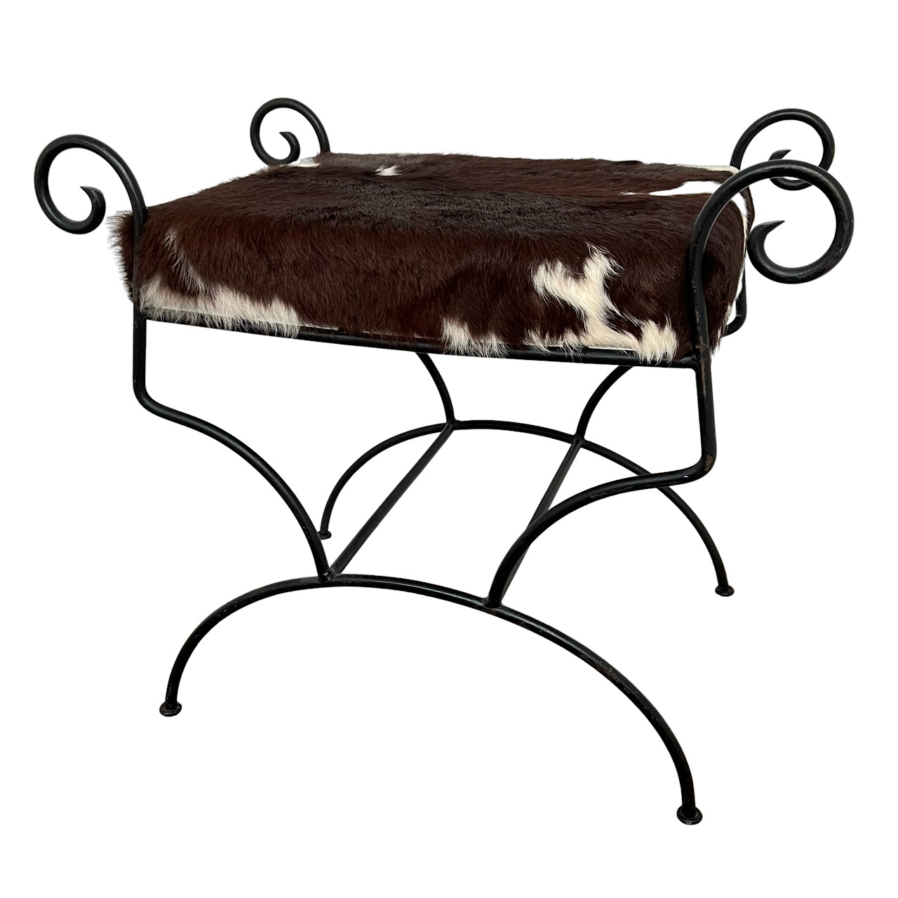 Wrought Iron & Brown Cowhide Upholstered Bench