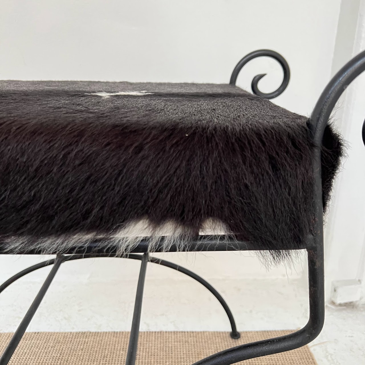 Wrought Iron & Black Cowhide Upholstered Bench