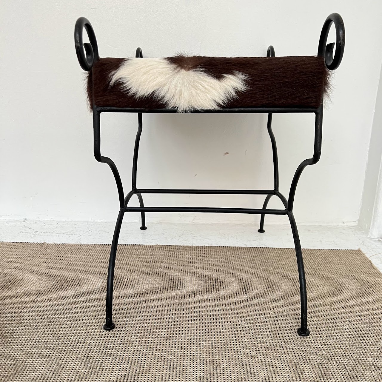 Wrought Iron & Brown Cowhide Upholstered Bench