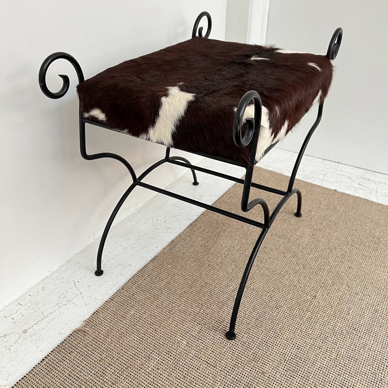 Wrought Iron & Brown Cowhide Upholstered Bench