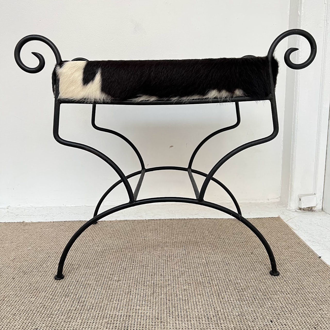 Wrought Iron & Black Cowhide Upholstered Bench