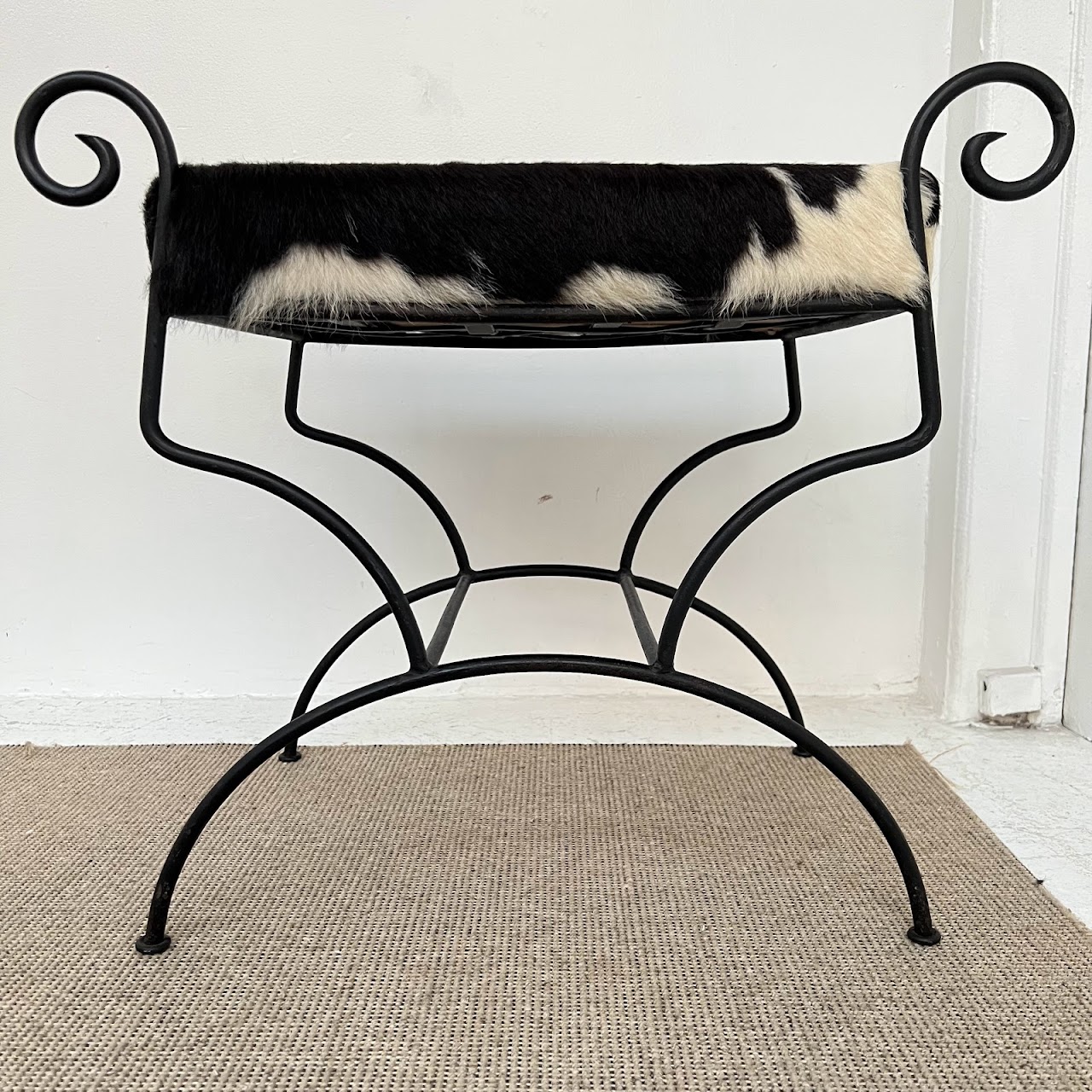 Wrought Iron & Black Cowhide Upholstered Bench