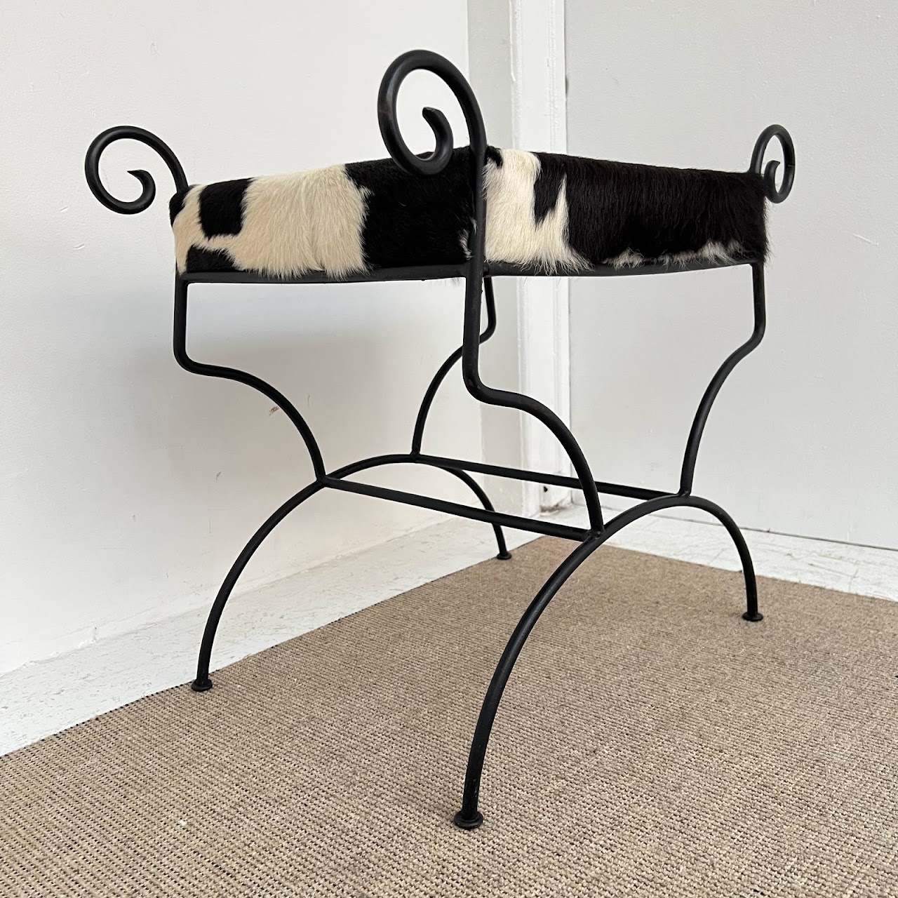 Wrought Iron & Black Cowhide Upholstered Bench