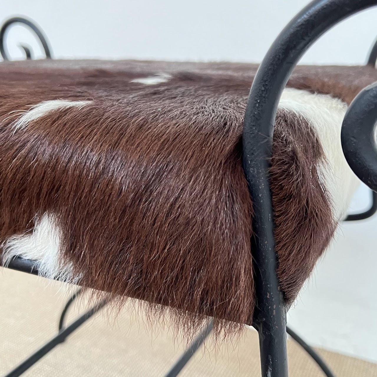 Wrought Iron & Brown Cowhide Upholstered Bench