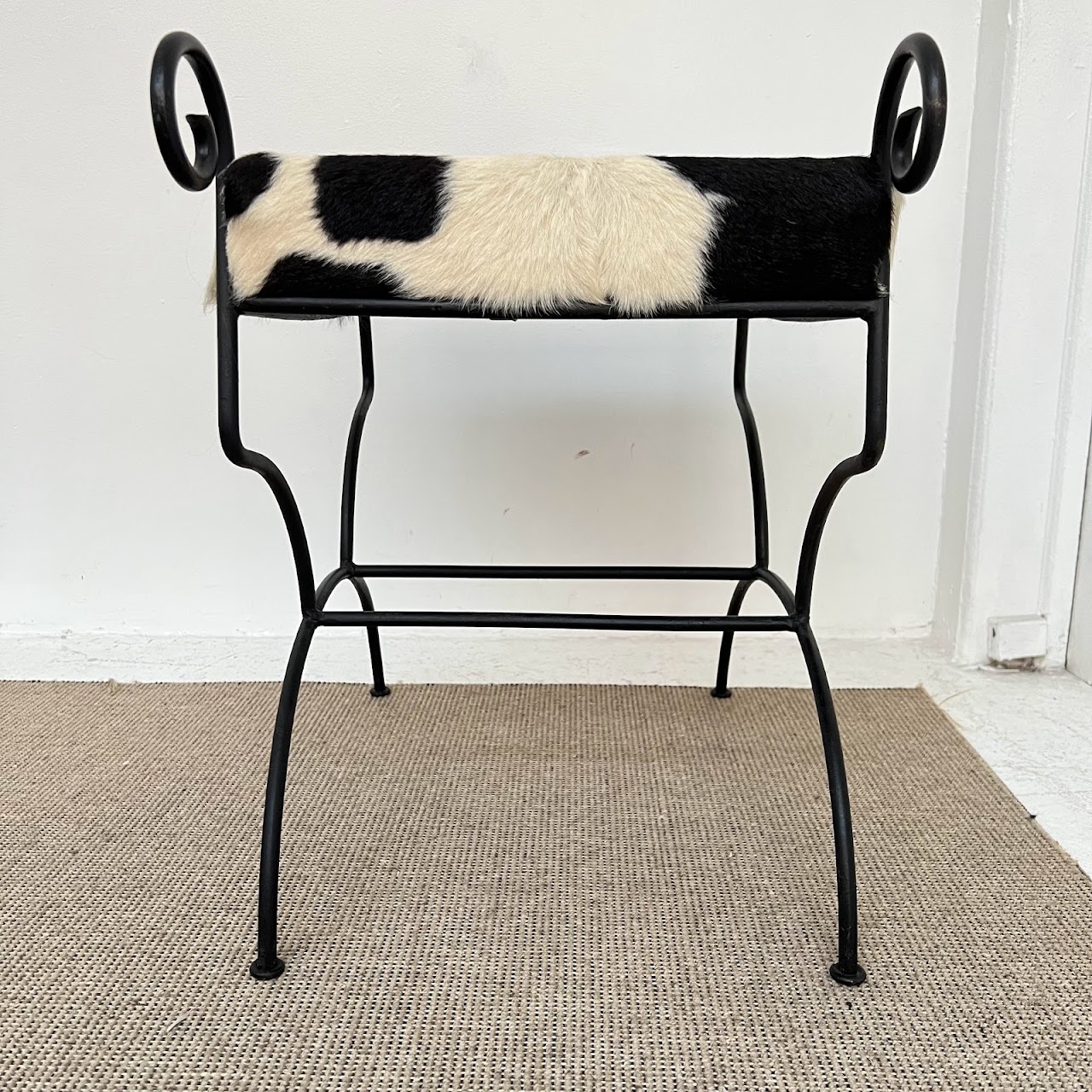 Wrought Iron & Black Cowhide Upholstered Bench