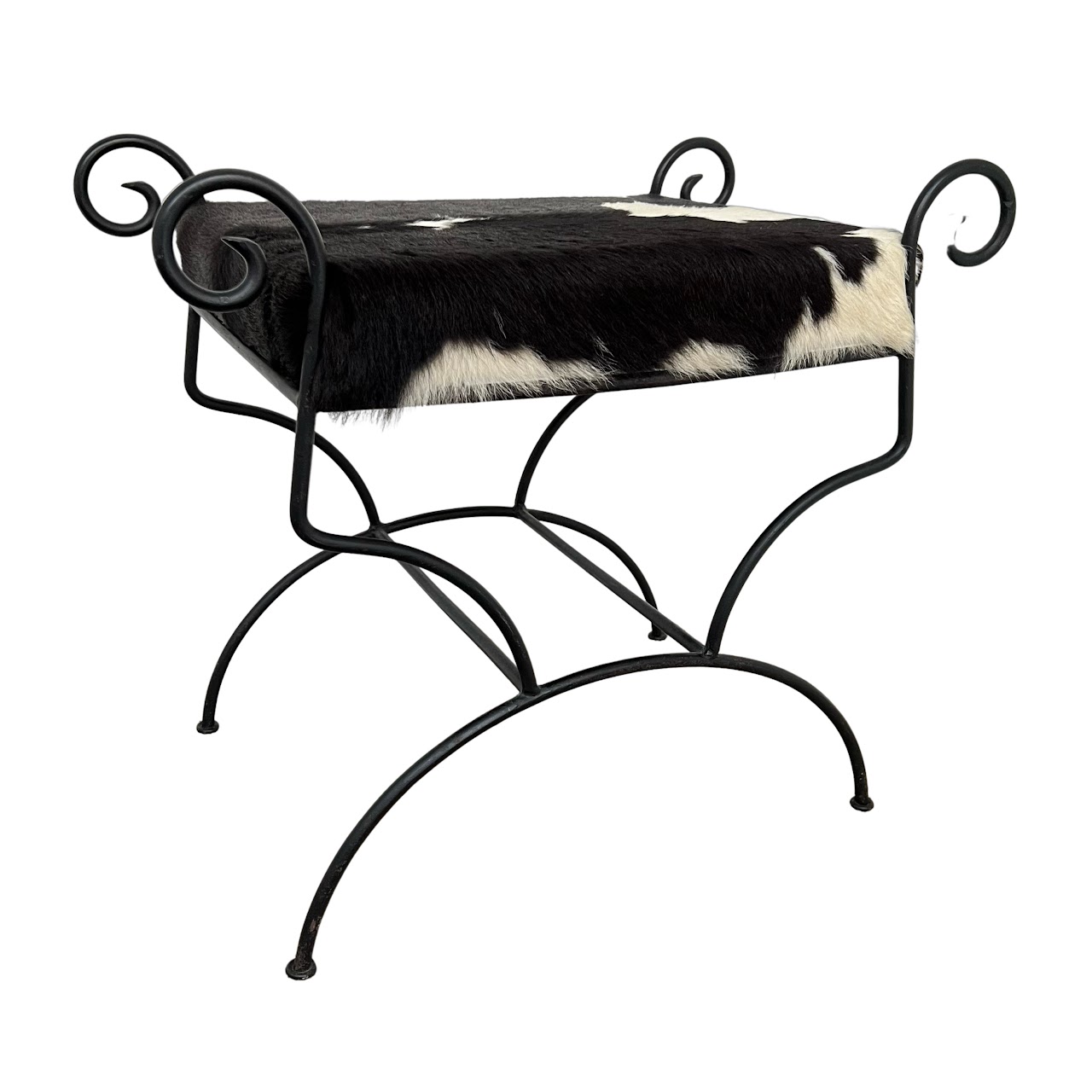 Wrought Iron & Black Cowhide Upholstered Bench