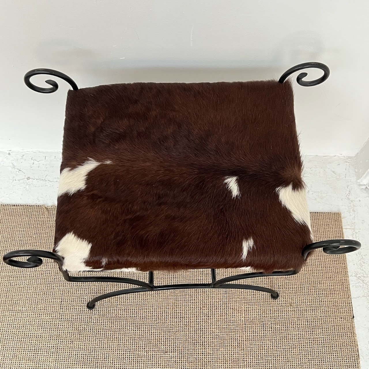 Wrought Iron & Brown Cowhide Upholstered Bench