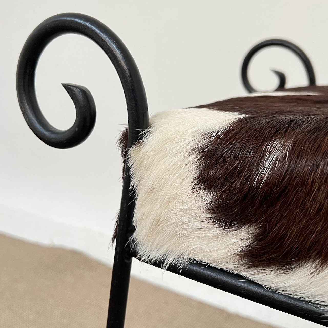 Wrought Iron & Brown Cowhide Upholstered Bench