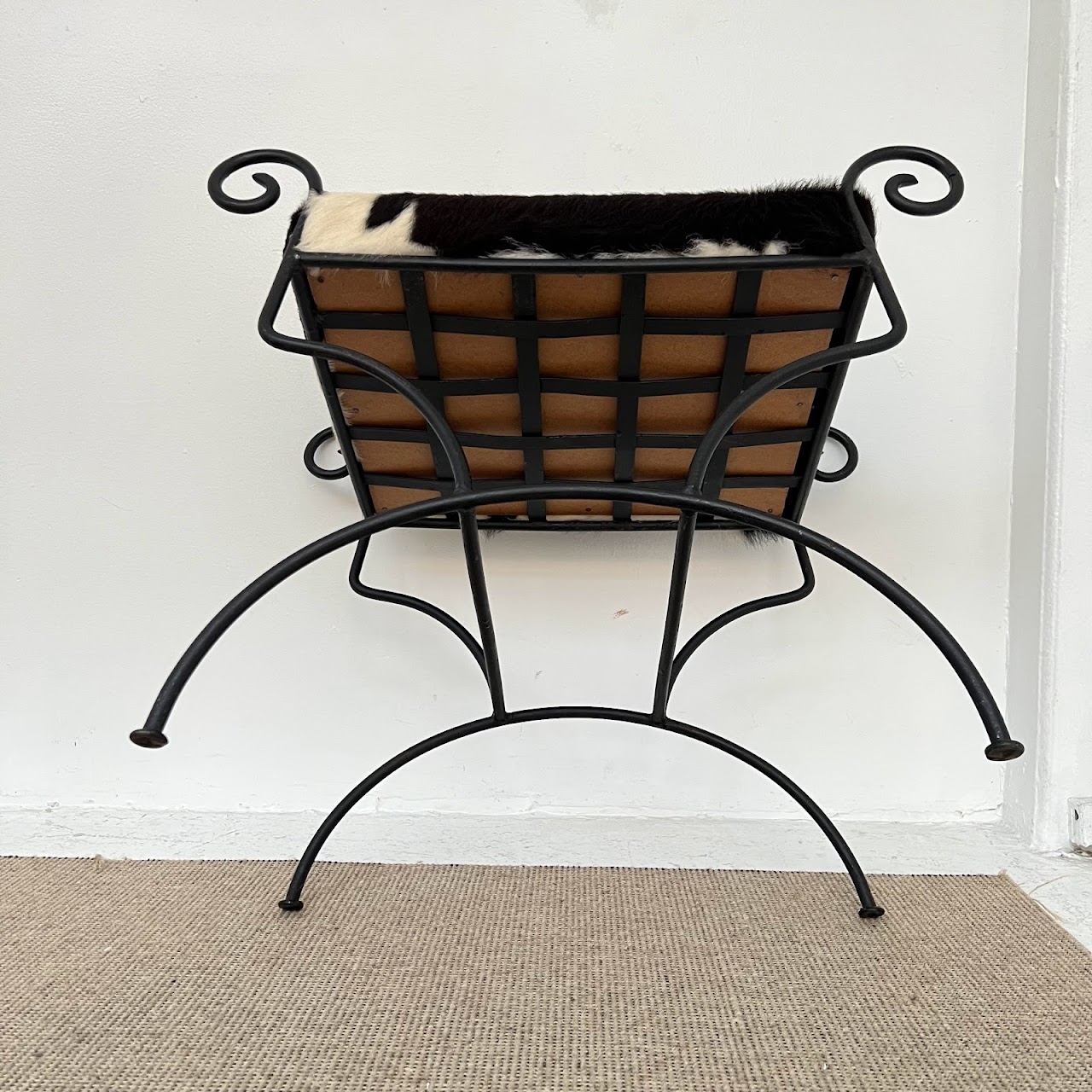 Wrought Iron & Black Cowhide Upholstered Bench