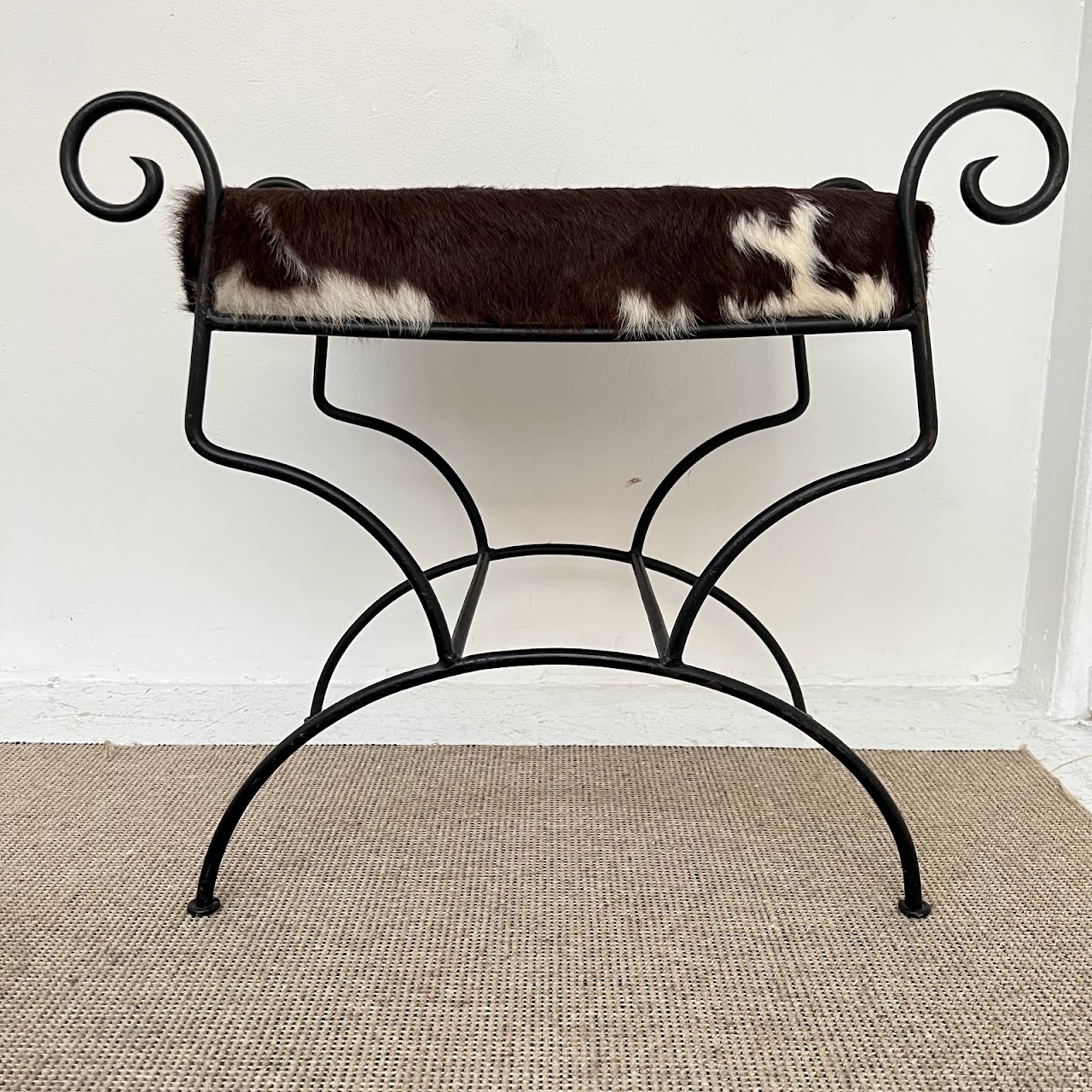 Wrought Iron & Brown Cowhide Upholstered Bench