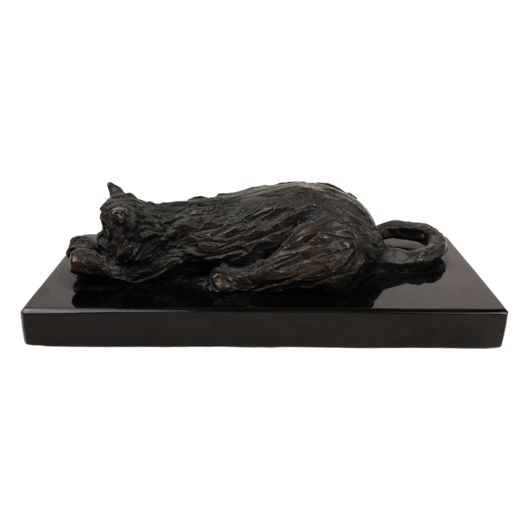 Bronze & Black Granite Stretching Cat Sculpture