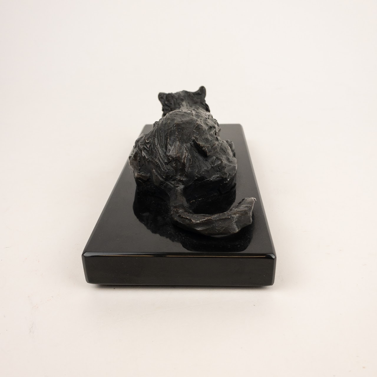 Bronze & Black Granite Stretching Cat Sculpture