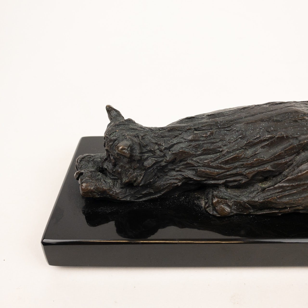 Bronze & Black Granite Stretching Cat Sculpture