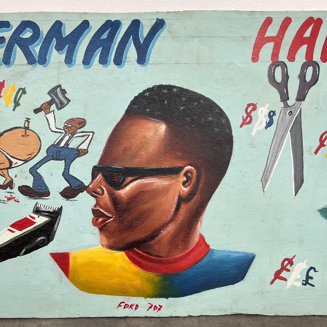 Ghanaian Vintage Hand-Painted Barber Shop Sign