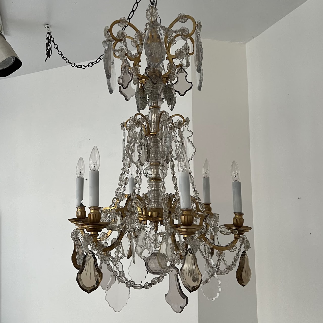 Louis XVI Style Cut Clear, Amber and Amethyst Crystal Antique Six-Light Chandelier