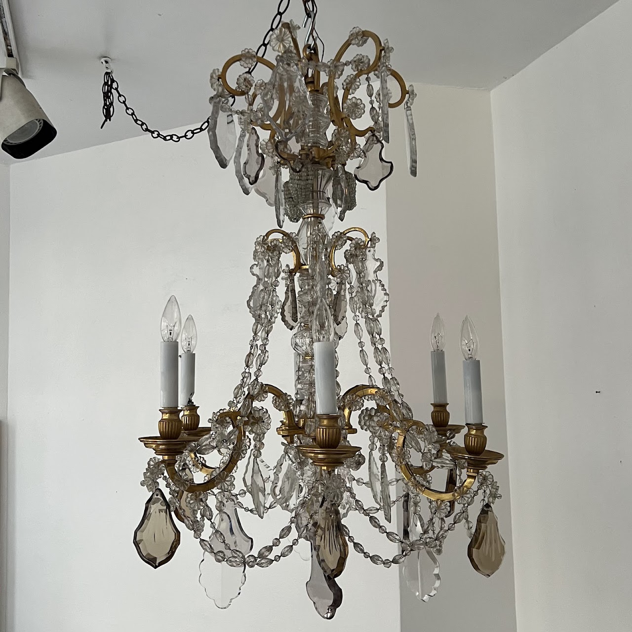 Louis XVI Style Cut Clear, Amber and Amethyst Crystal Antique Six-Light Chandelier