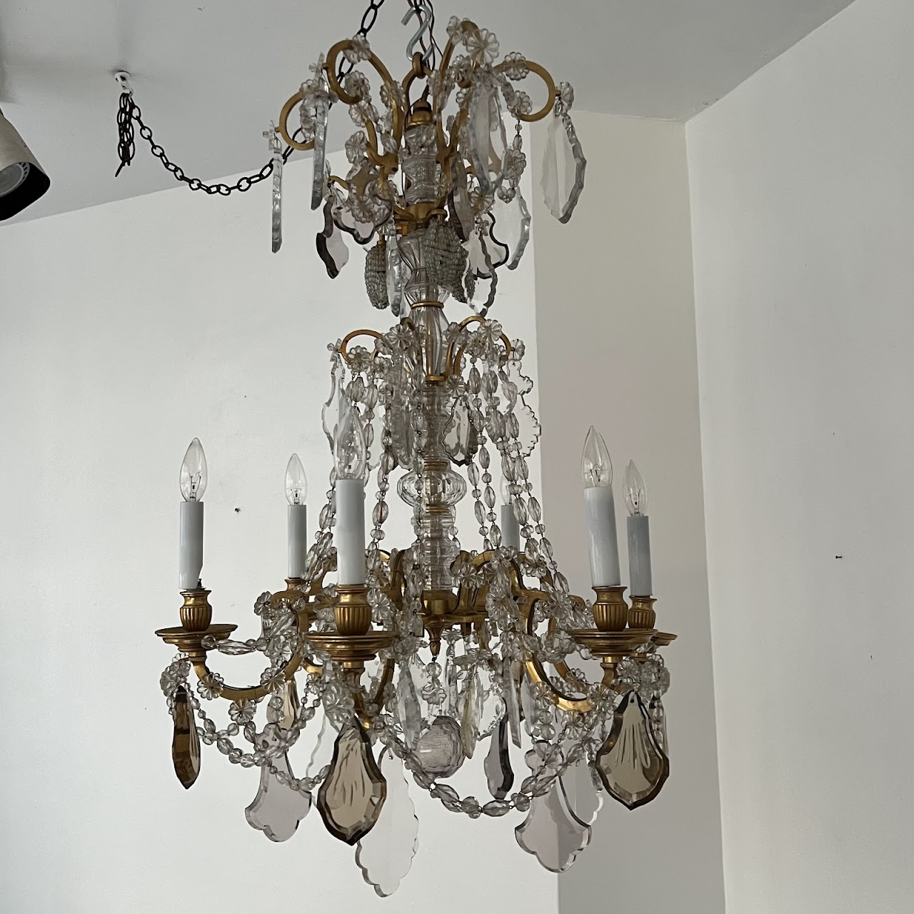 Louis XVI Style Cut Clear, Amber and Amethyst Crystal Antique Six-Light Chandelier