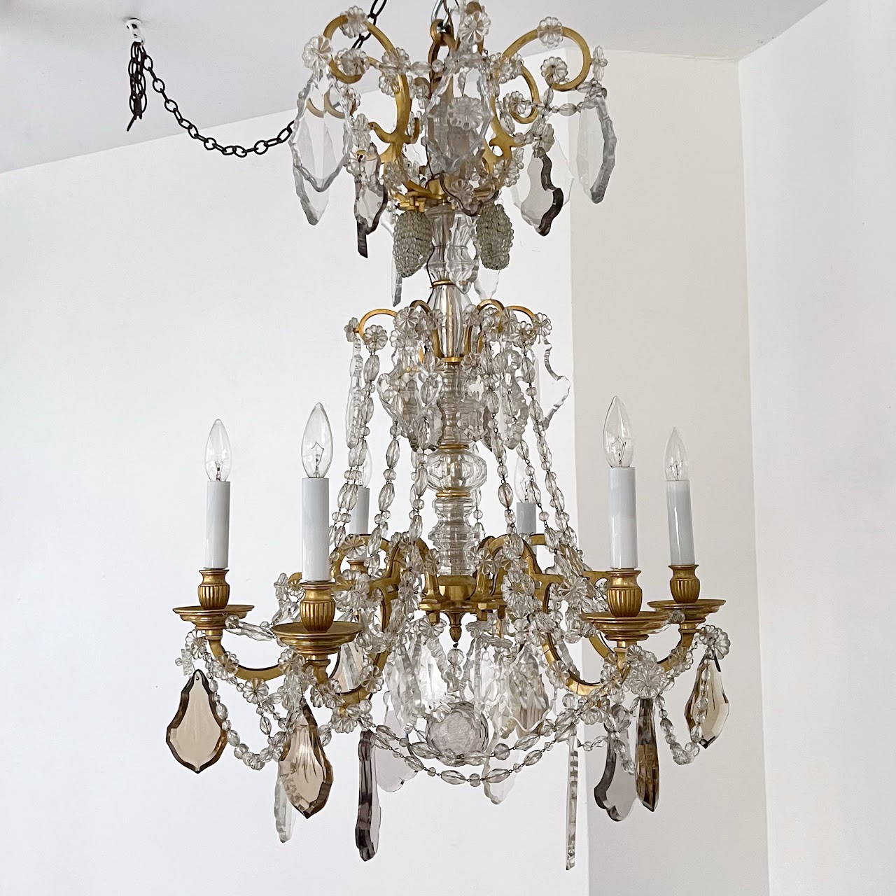 Louis XVI Style Cut Clear, Amber and Amethyst Crystal Antique Six-Light Chandelier