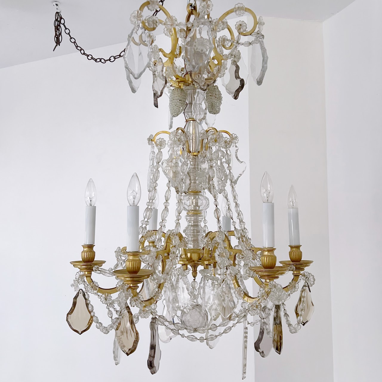 Louis XVI Style Cut Clear, Amber and Amethyst Crystal Antique Six-Light Chandelier