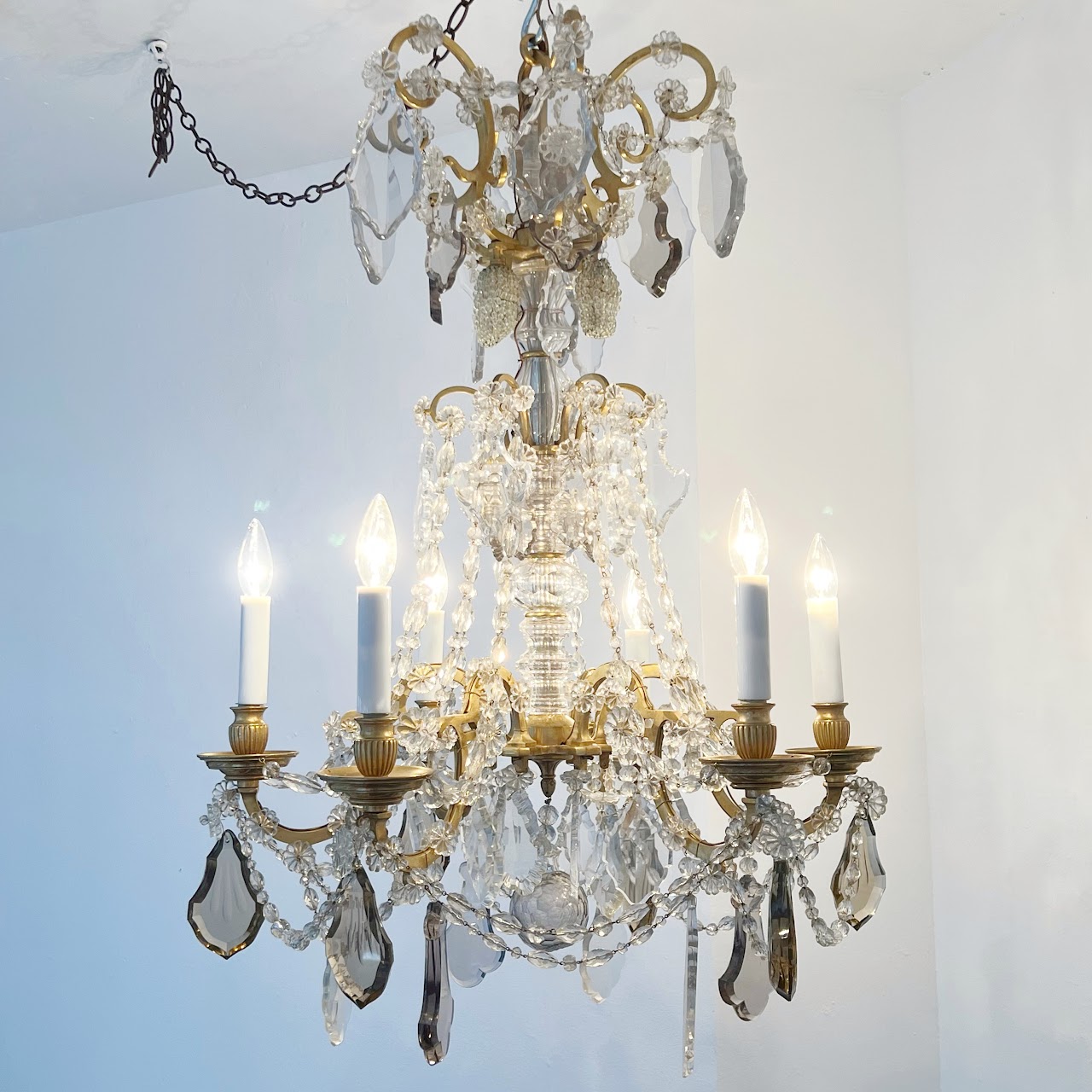 Louis XVI Style Cut Clear, Amber and Amethyst Crystal Antique Six-Light Chandelier