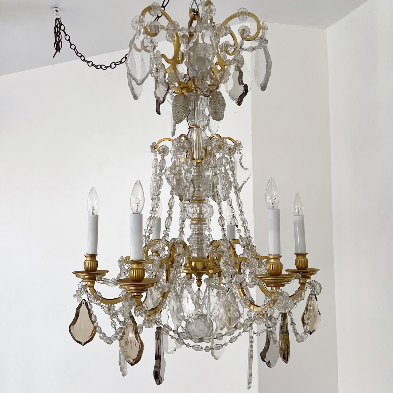 Louis XVI Style Cut Clear, Amber and Amethyst Crystal Antique Six-Light Chandelier