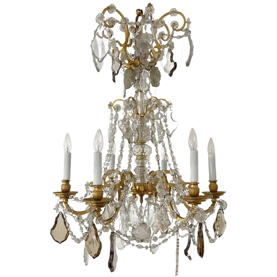 Louis XVI Style Cut Clear, Amber and Amethyst Crystal Antique Six-Light Chandelier