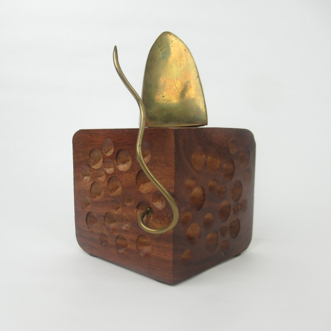 Brass Mouse On Wood Cheese Sculpture