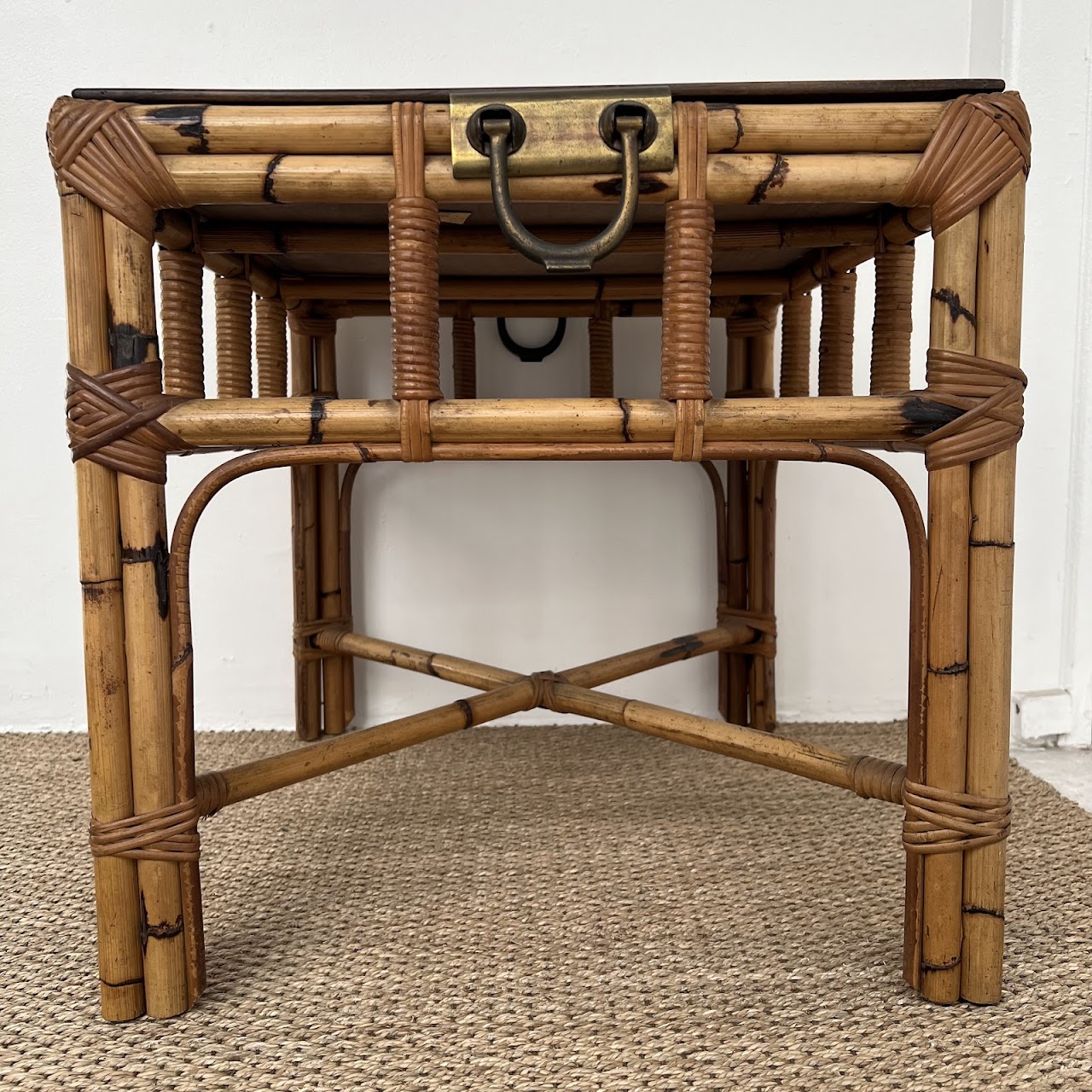 Italian Mid-Century Bamboo, Rattan and Walnut Side Table