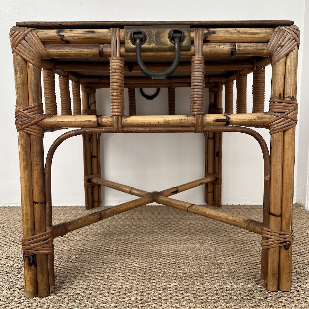 Italian Mid-Century Bamboo, Rattan and Walnut Side Table