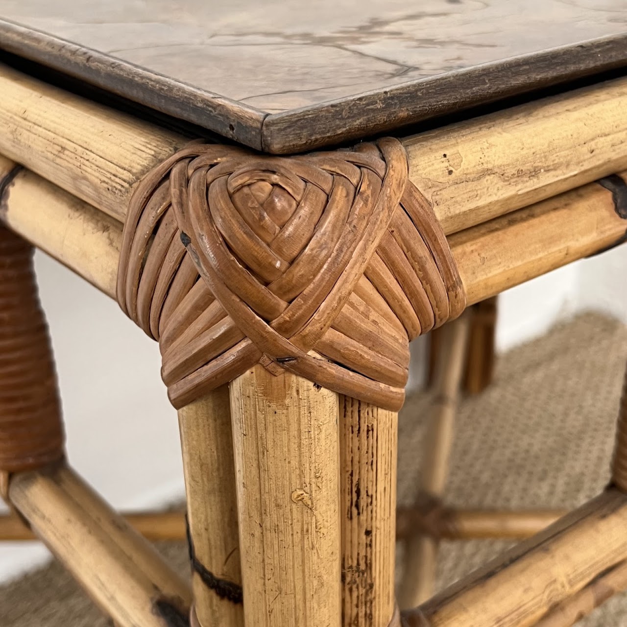 Italian Mid-Century Bamboo, Rattan and Walnut Side Table