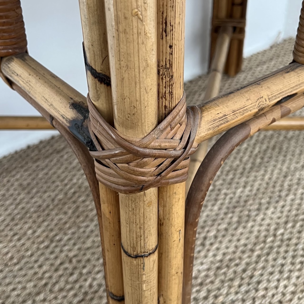 Italian Mid-Century Bamboo, Rattan and Walnut Side Table