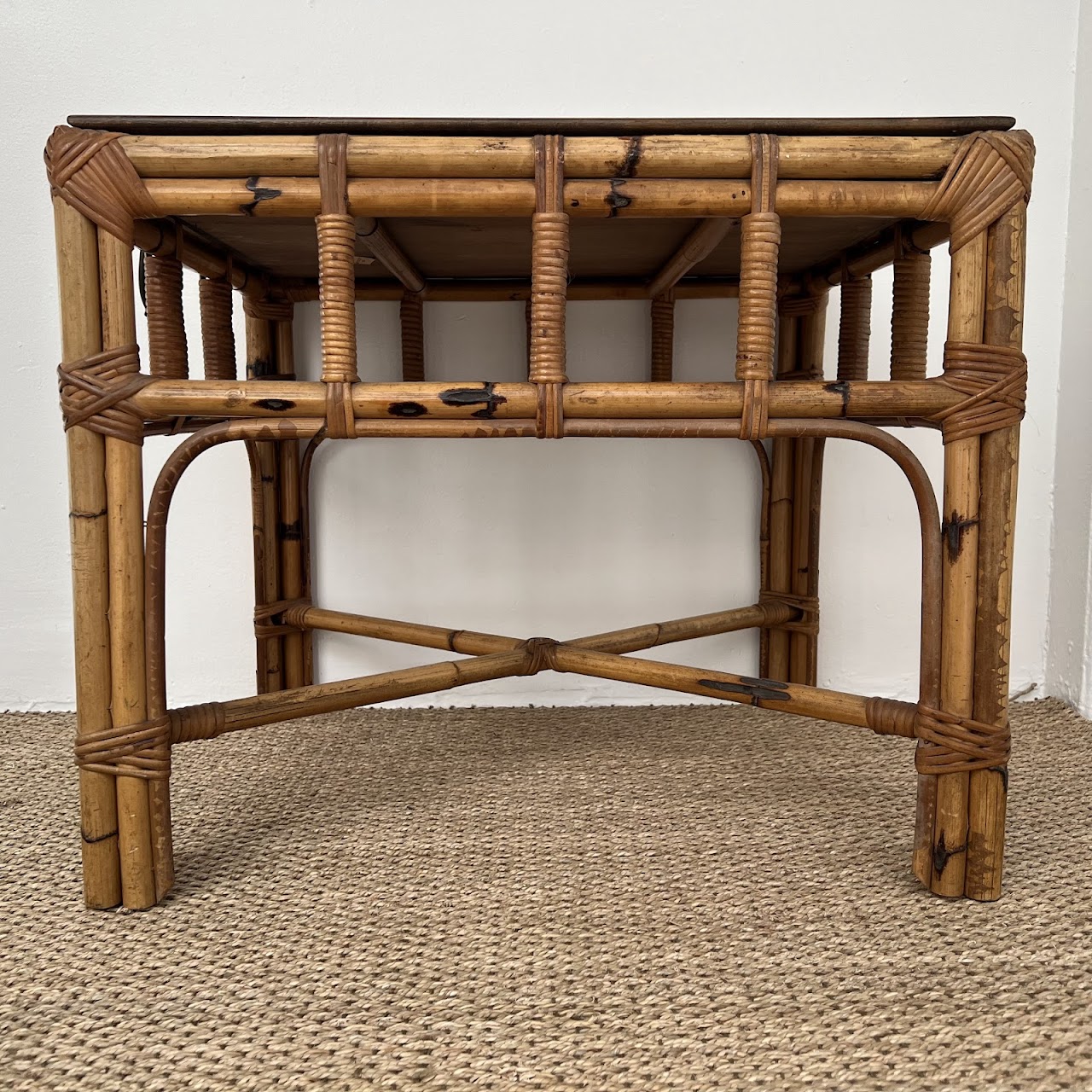 Italian Mid-Century Bamboo, Rattan and Walnut Side Table