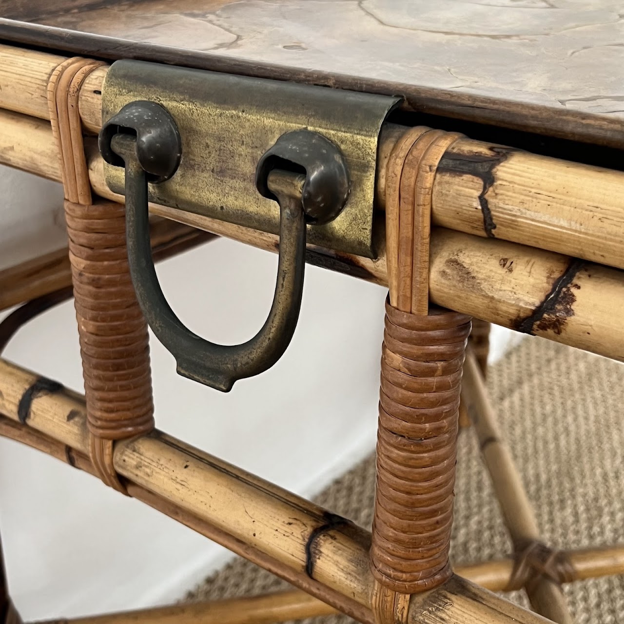 Italian Mid-Century Bamboo, Rattan and Walnut Side Table