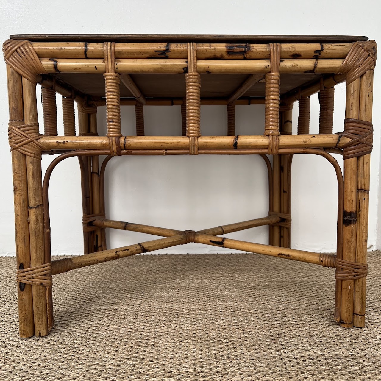 Italian Mid-Century Bamboo, Rattan and Walnut Side Table