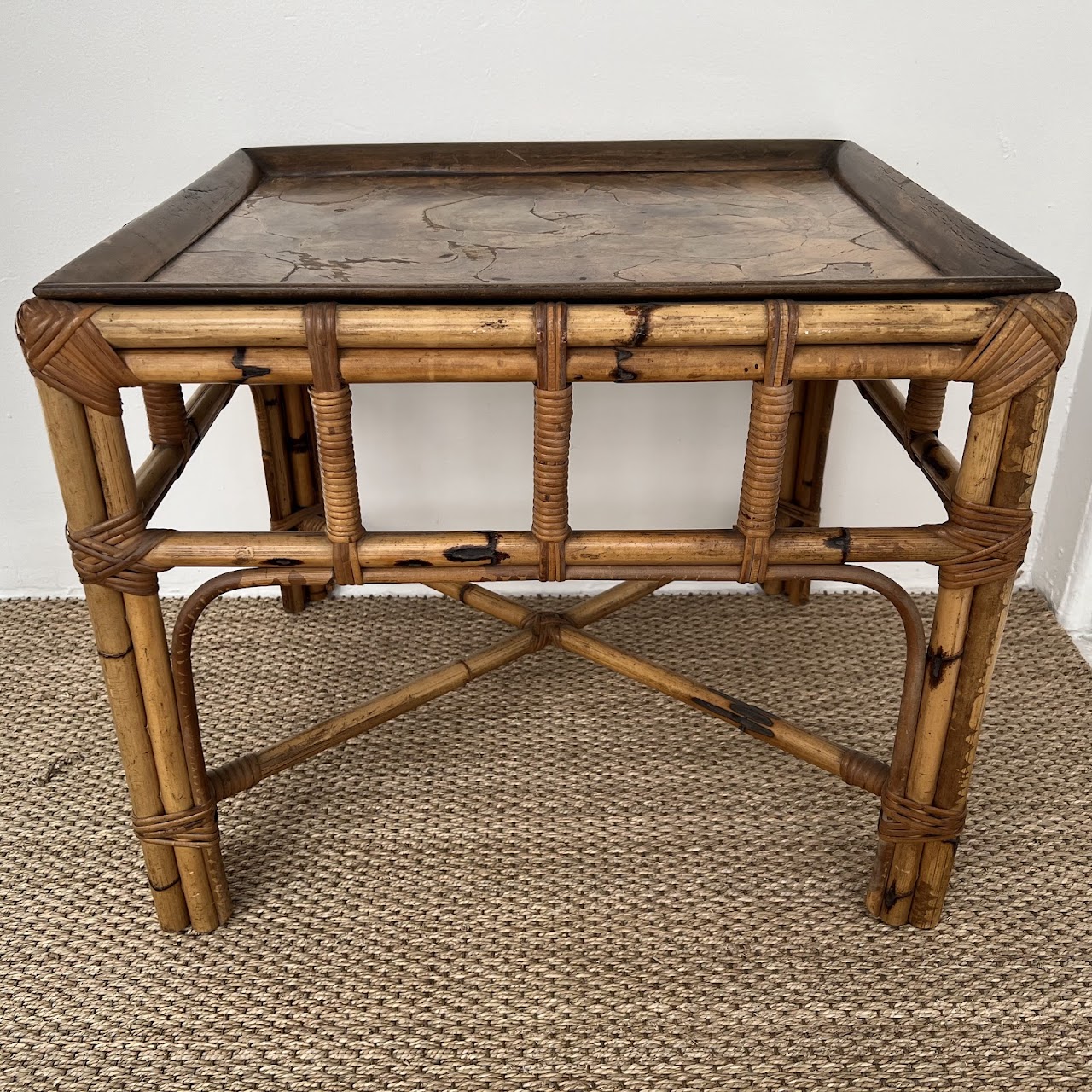 Italian Mid-Century Bamboo, Rattan and Walnut Side Table