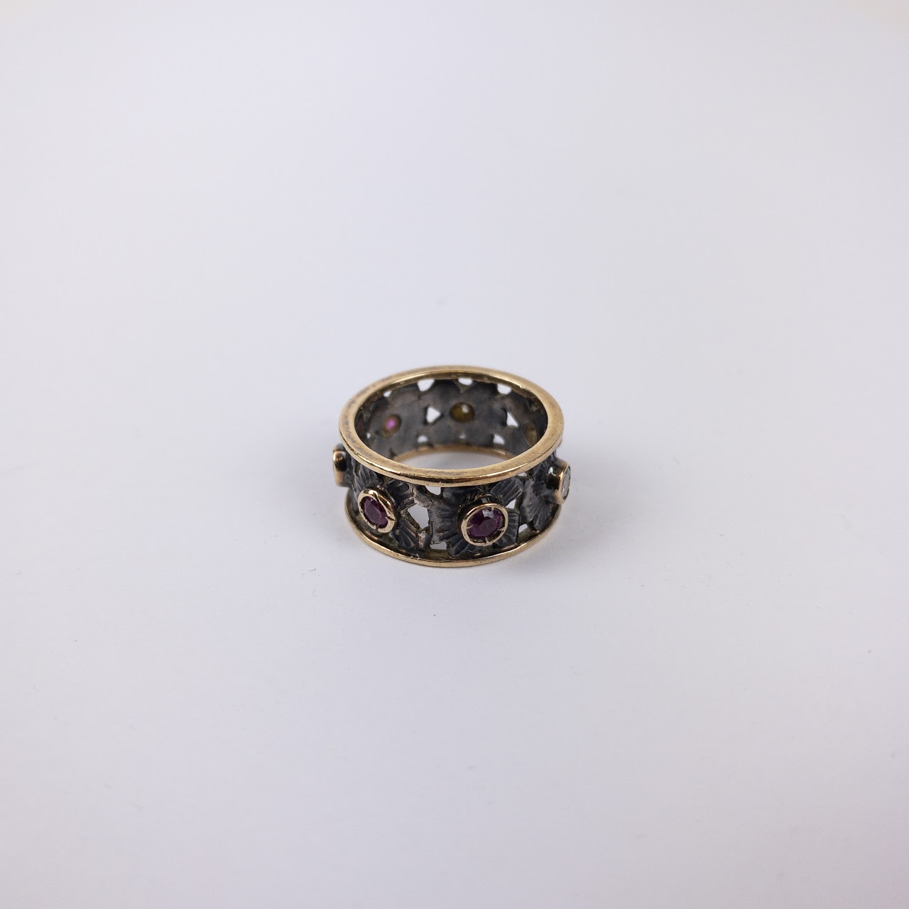 14K Gold and Sterling Silver Ring with Rubies and Diamonds