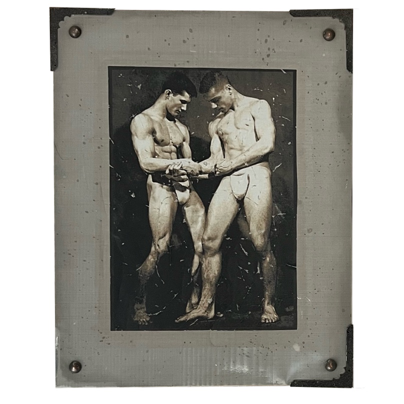 Vintage Bodybuilder Photograph Print and Mixed Media Artwork Pair