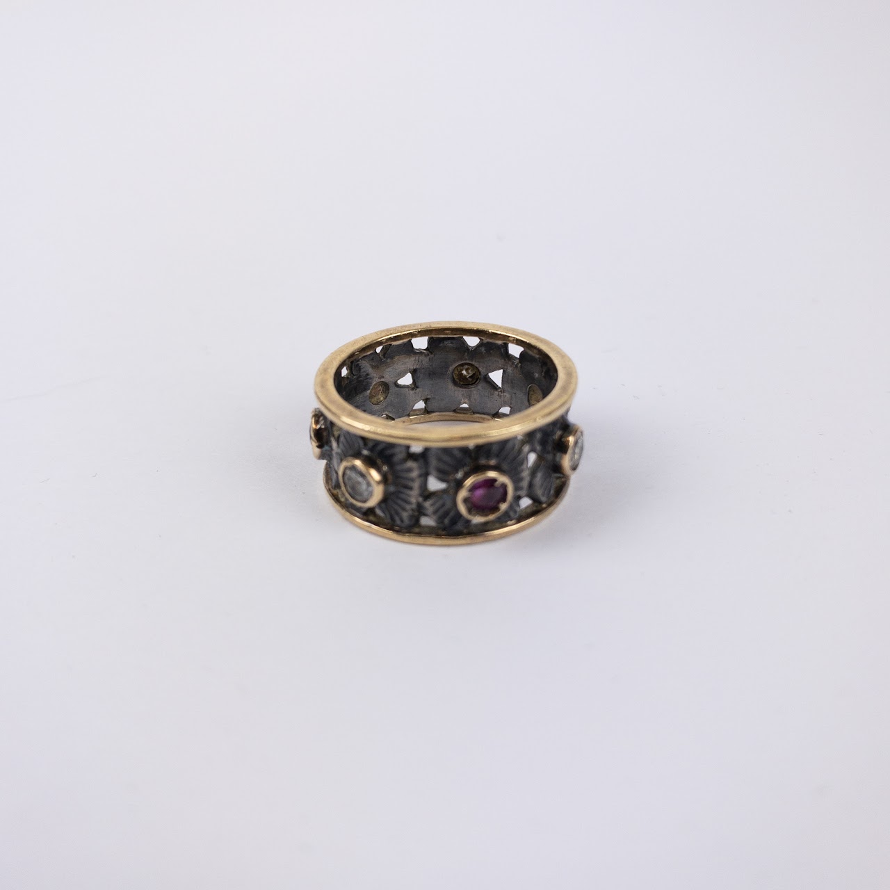 14K Gold and Sterling Silver Ring with Rubies and Diamonds