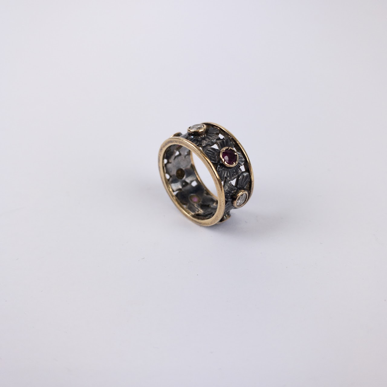 14K Gold and Sterling Silver Ring with Rubies and Diamonds