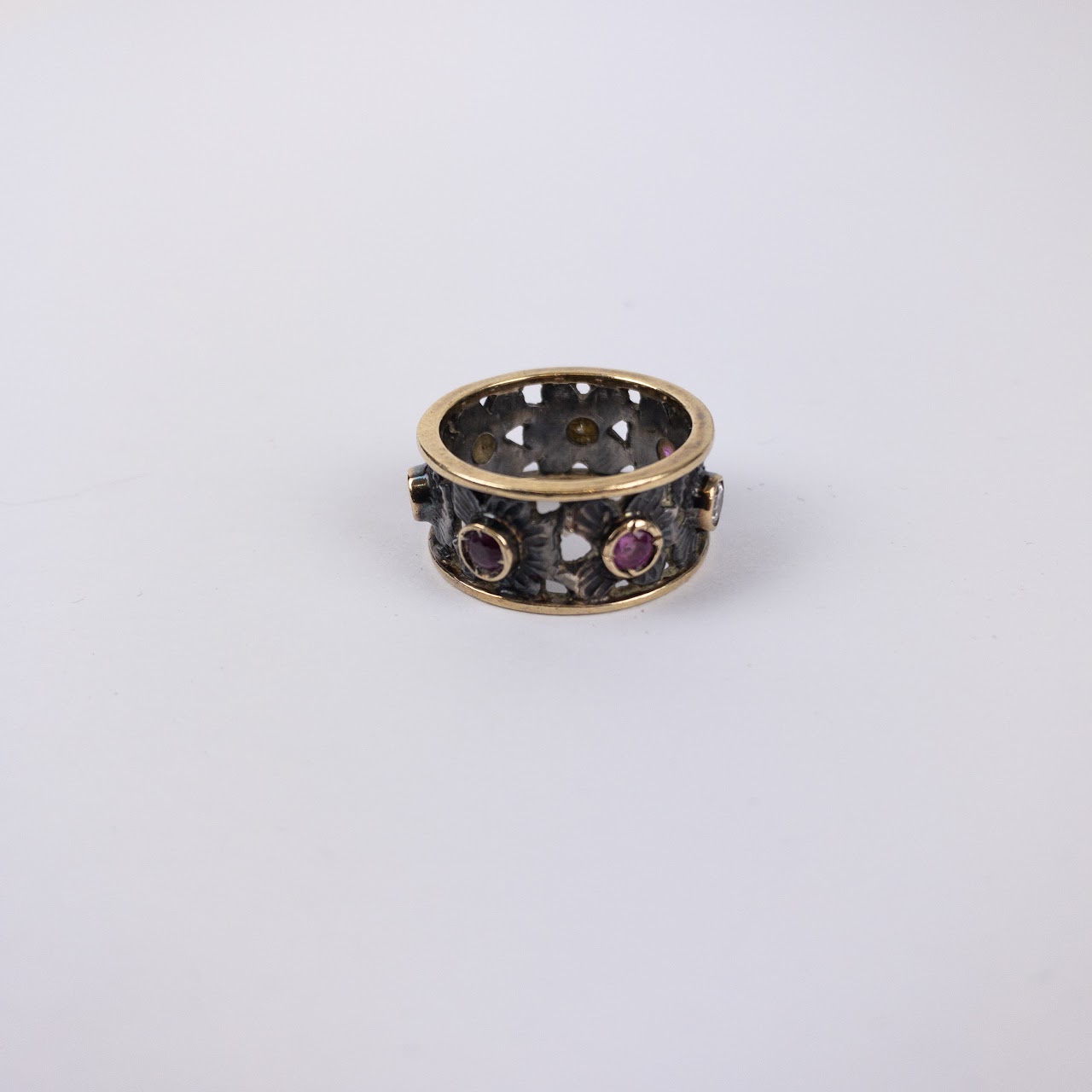 14K Gold and Sterling Silver Ring with Rubies and Diamonds