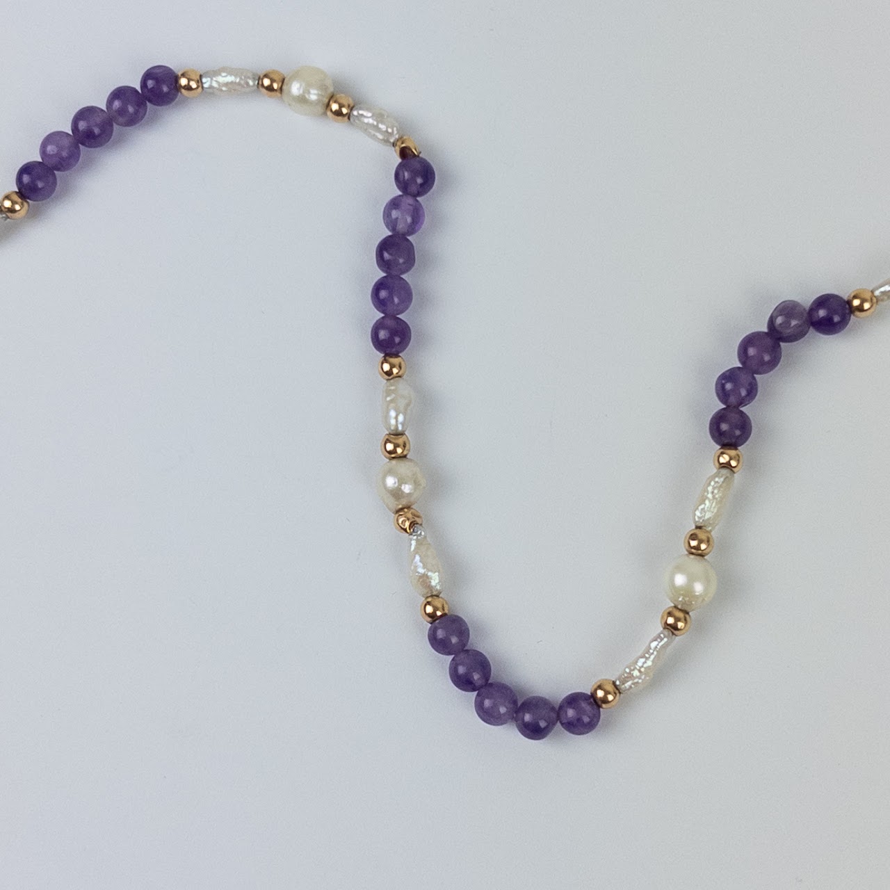 14K Gold, Amethyst, and Small Pearl Necklace