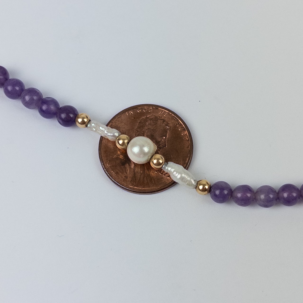 14K Gold, Amethyst, and Small Pearl Necklace